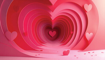 Soft heart tunnel with mini love icons for cute promo design. Romantic layered hearts background with playful floating accents. Sweet valentine corridor scene for greeting card product ads