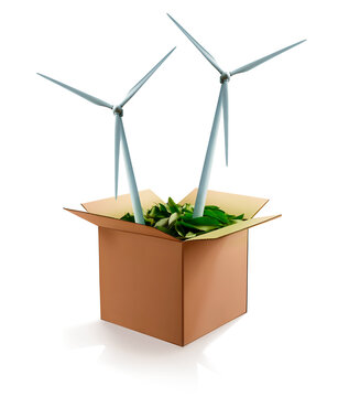 Pacote ecologicamente correto de energia eolica. Caixa de papel&atilde;o com conjunto verde eco de aerogeradores, turbinas e&oacute;licas