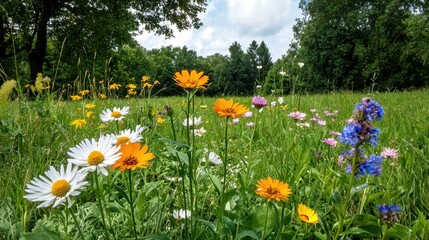 Fototapeta premium Vibrant Wildflowers Blooming in Lush Green Meadow under Blue Sky