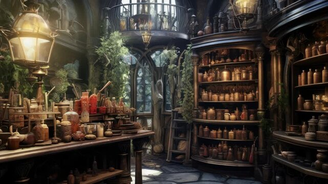 A vintage apothecary shop filled with jars and plants, captured from a wide-angle perspective, perfect for a fantasy-themed video backdrop. Live desktop wallpaper.