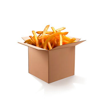 Caixona de papel&atilde;o grande recheada de batatinhas fritas grandes. Pacote enorme com batatas fritas, fast food exagerado conceito