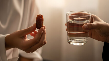 Person holding date and water glass before breaking fast during Ramadan