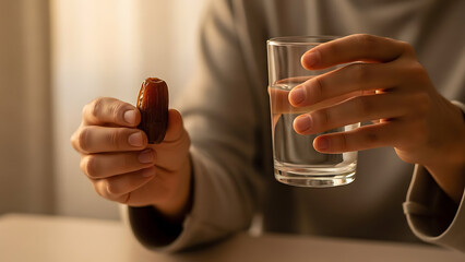 Person holding date and water glass before breaking fast during Ramadan