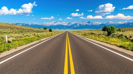 Obraz premium Vast Open Road Amidst Scenic Mountains and Blue Sky Landscape