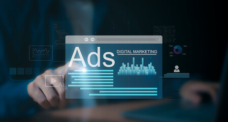 Online sales concept for digital marketing. Businessman using laptop with advertising dashboard.