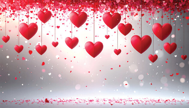 Floating red heart decor for romantic sales banner background. Valentine hanging love symbols with sparkle for promo design. Festive heart confetti scene for wedding marketing poster