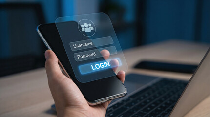 Person holding smartphone with digital login interface for username and password entry