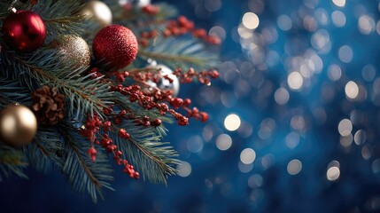 Christmas ornaments pine branches berries blue bokeh