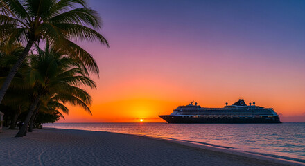 Scenic view of beach at sunset with palm tree silhouette and cruise ship on water, presenting tropical getaway and luxury cruise travel concept