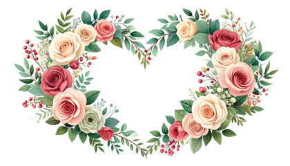 Soft pink rose heart border, blank space for text. Floral greenery crest, engagement announcement design. Handpainted bouquet looplet, feminine promo artwork