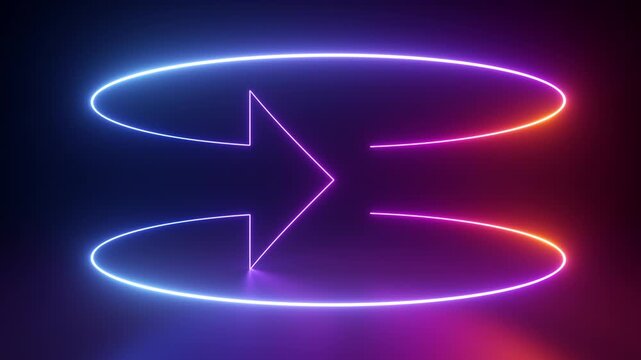 looping 3d animation. Glowing neon arrow shows right direction, linear sign. Abstract minimalist geometric background