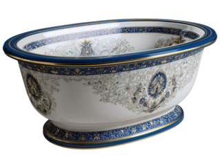 Large decorative bathtub with ornate blue and gold patterns around the rim and body, oval basin shape, detailed motifs, glossy enamel finish and elegant spa fixture styling isolated on transparent bac