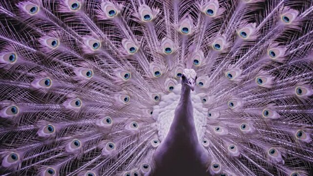 An enchanting albino peacock displaying its magnificent iridescent tail feathers in a full fan, capturing a moment of ethereal beauty and pride