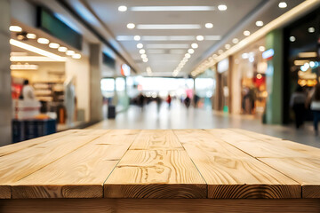 Wooden Countertop with Soft Focus Indoor Market.
