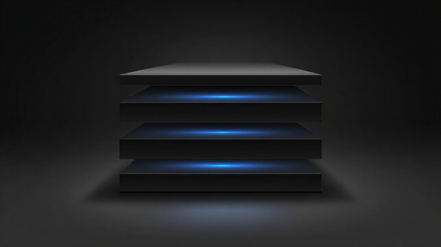 sleek black stacked modules with blue glowing accents in a dark setting.