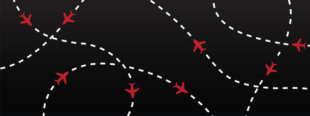 Airplane flight path pattern on dark background. Dotted route lines with red aircraft icons illustrating travel and navigation. Aviation themed graphic for tourism, logistics, maps, and transportation © Sk