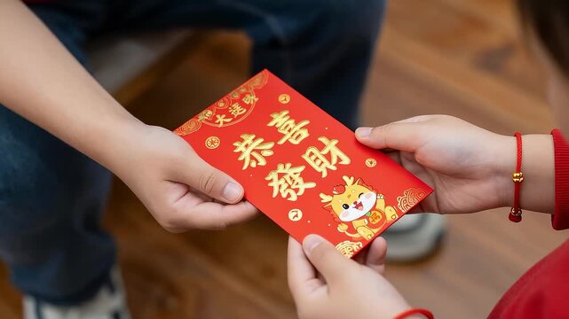 Hands passing red envelope for Lunar New Year
