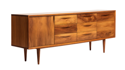 Long wooden sideboard cabinet with drawers and doors, warm natural wood grain, rectangular top surface, clean joinery lines and sturdy legs isolated on transparent background.