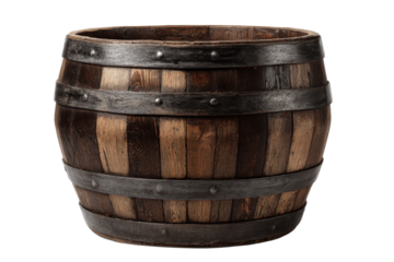 Dark wooden barrel tub with metal bands, rounded staves, rich wood finish, subtle wear marks and sturdy coopered construction isolated on transparent background.