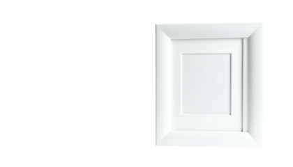 A white rectangular picture frame with a matte, centered against a stark black background