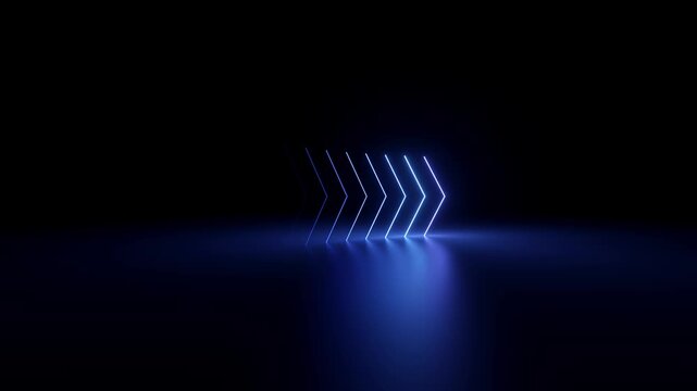 looped 3d animation, abstract minimalist geometric background. Blue pink flashing neon arrows showing right direction, linear signal graphics