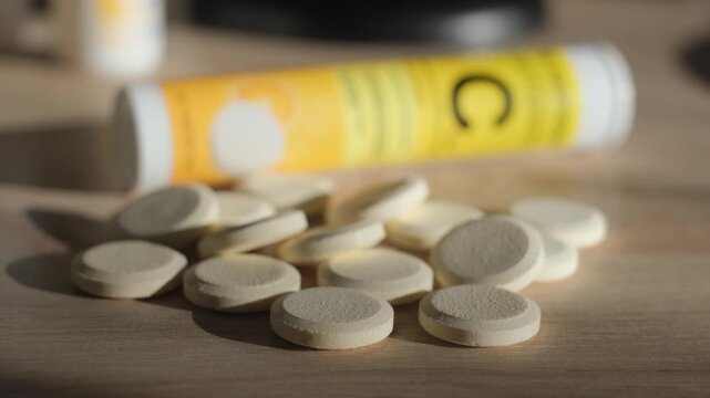 Soluble effervescent tablets of vitamin C lie on the table, close-up