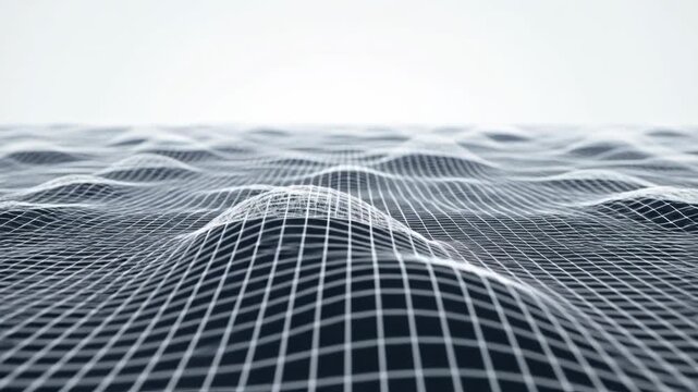 Waveform 3d grid landscape with white lines on dark background and white sky