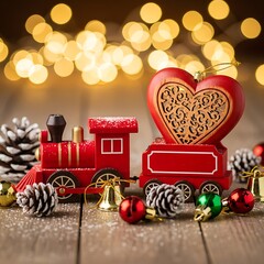 Festive red wooden train with heart ornament and pinecones on a wooden table
