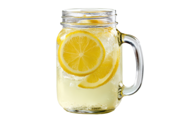 Mason jar handle mug filled with light yellow lemonade, visible lemon slices inside, clear glass reflections, condensation droplets and fresh summer drink feel isolated on transparent background.