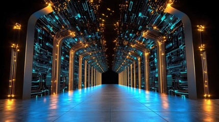 Futuristic Digital Corridor with Glowing Lights and Circuit Patterns