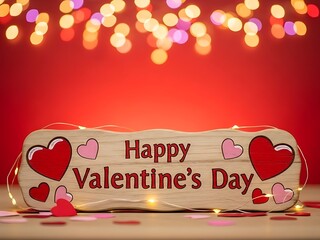 Festive wooden sign with happy Valentines Day text and heart decorations illuminated by soft lights