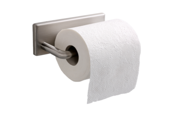 Wall mounted toilet paper holder with a roll and short sheet hanging down, clean dispenser housing, subtle perforation detail and smooth paper texture isolated on transparent background.