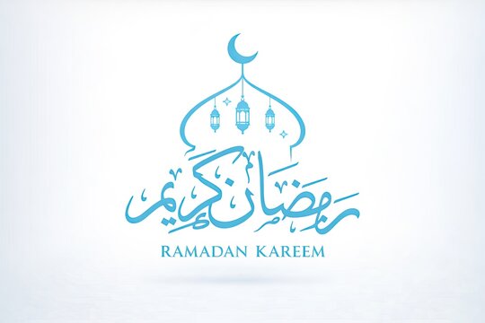 Blue Arabic Ramadan Kareem calligraphy with mosque outline and hanging lanterns, simple Islamic greeting logo design isolated on the white background