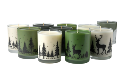 Group of candles in various green hues, featuring deer and forest silhouettes