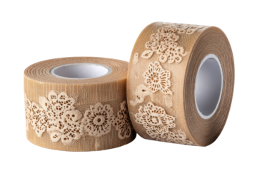 Two beige lace pattern adhesive tape rolls with perforated floral cutouts, neat cylindrical coils, delicate paper texture and decorative crafting style isolated on transparent background.