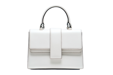 Structured white handbag with a top handle, firm rectangular body, smooth surface, clean seams, subtle hardware details and minimalist luxury styling isolated on transparent background.