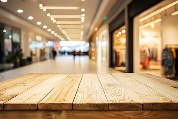 Empty Wooden Table with Soft Focus Retail Background.