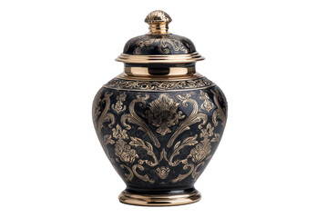 Ornate black and gold lidded decorative urn with intricate filigree patterns, curved body, small top knob, metallic detailing and polished accents isolated on transparent background.