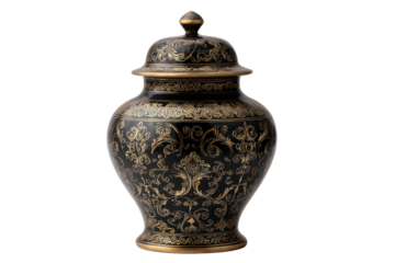 Ornate black and gold lidded decorative urn with intricate filigree patterns, curved body, small top knob, metallic detailing and polished accents isolated on transparent background.