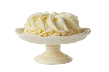 Small dessert on a pedestal stand with ruffled cream like topping, layered soft folds, smooth rounded base, delicate patisserie details and neat presentation isolated on transparent background.