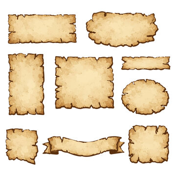 Set of parchment scrolls with rolled ends and different orientations. Vintage papers for text. Blank vintage paper, perfect for historical or fantasy themes. Vector cartoon illustration