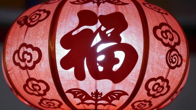 Close up of traditional red glowing lantern with Fu character