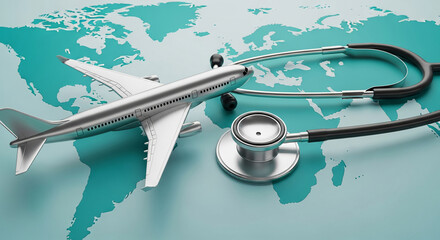 Airplane model and stethoscope on a teal world map background, representing global health, travel safety, and medical tourism concept