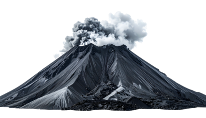 A gray-scale illustration of a smoking volcano erupting with a cloud of gray steam