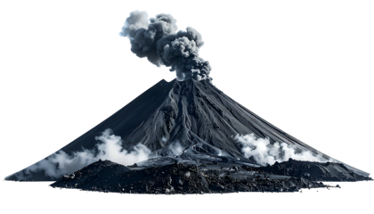 A dark volcanic mountain erupts, spewing smoke. The base shows rocky terrain