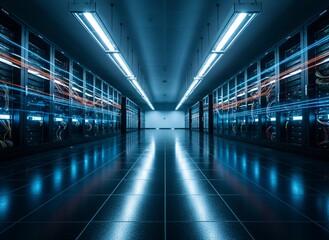 Obraz premium Modern data center with glowing server racks and cables