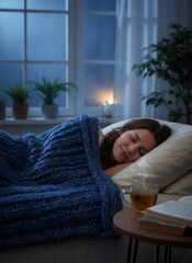 Woman peacefully sleeping with tea and book nearby at night