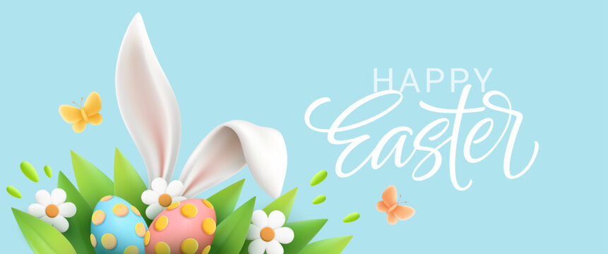 Spring celebration backdrop featuring Easter eggs nestled in meadow grass with chamomile flowers. Modern 3D design ideal for holiday posters and cheerful event promotions - Powered by Adobe