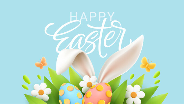 Easter egg hunt scene with spring flowers, daisy blooms, and playful bunny on green grass. 3D render design perfect for seasonal greeting cards and festive banners