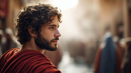 Fototapeta premium Young man in historical attire gazing back at market street filled with people. The historical scene features intricate architectural details, soft lighting, and a crowd creating atmosphere.